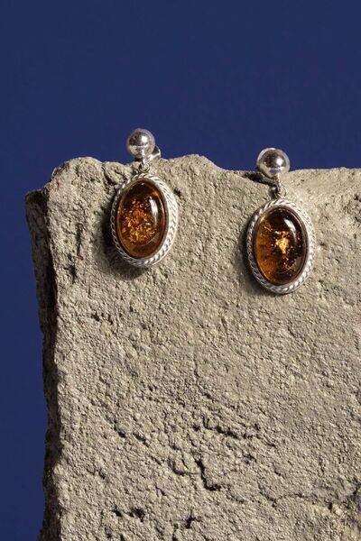 Takıdepo Damla Kehribar Taşlı Minimal Gümüş Küpe-Gümüş Rengi