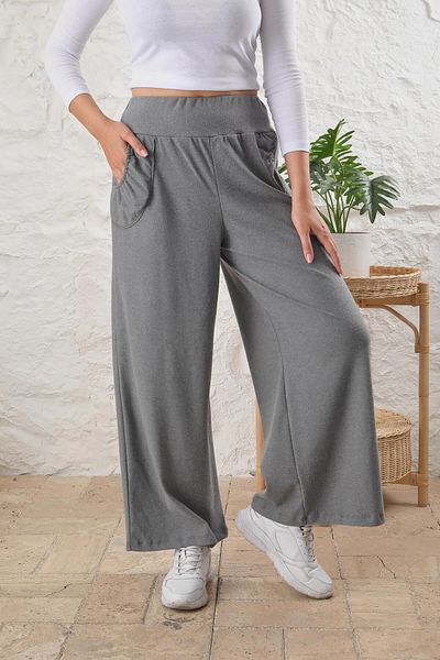 ESPİNA Women's High Waist Pocket Wide Leg Soft Quality Knitted Trousers