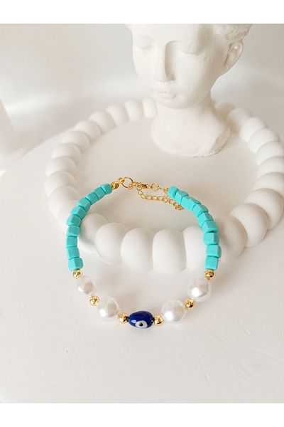 La fee aksesuar Pearl Bracelet with Evil Eye Bead Detail