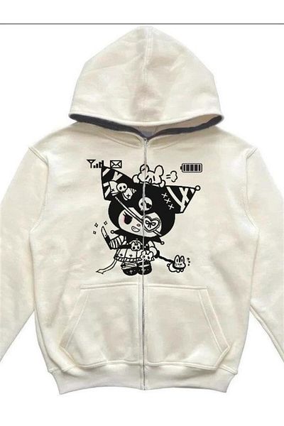 Planet Butik White Retro Mobile Kuromi Thick Fabric Zippered Hooded Cardigan