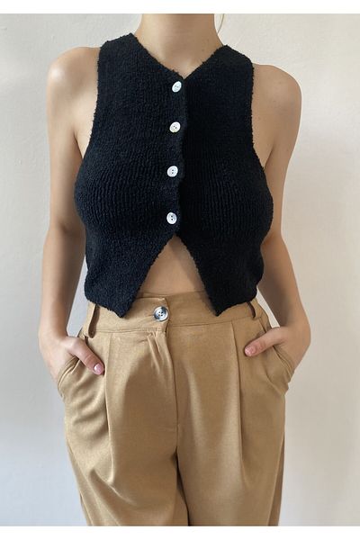 minaaise Black Boucle Lycra Knitwear Vest 26036