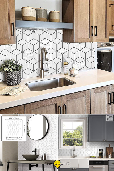 Trendpoint 1adet 3d 30cm×30cm Mutfak Tezgah Arası Pvc Kaplama Kendinden Yapışkanlı Prizma Beyaz