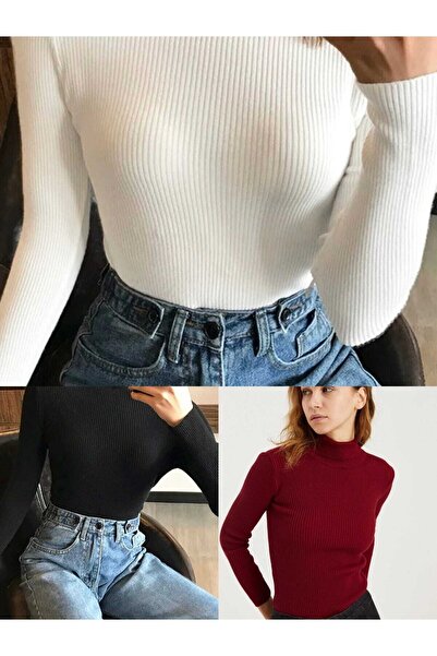 art of dress Unisex 3 Pack Black White Claret Red Cotton Turtleneck Slimfit T...