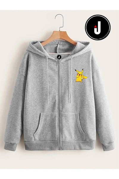Jobia Outdoors Unisex Γυναικείο Ανδρικό μπουφάν με στάμπα Pikachu με φερμουάρ 3 κλωστών με κουκούλα