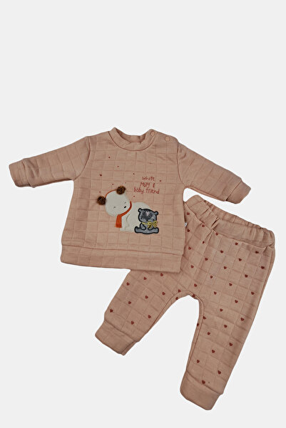 Kız Bebek Somon Omuz Çıtçıtlı Kalp Desenli %100 Pamuk Alt Üst 2’li Bebek Takım
