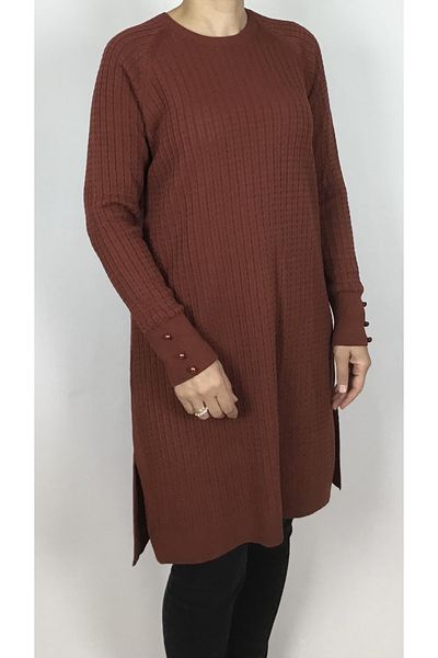 ECE GİYİM Hair Knitted Patterned Sleeves Button Detail Thin Tricot Tunic