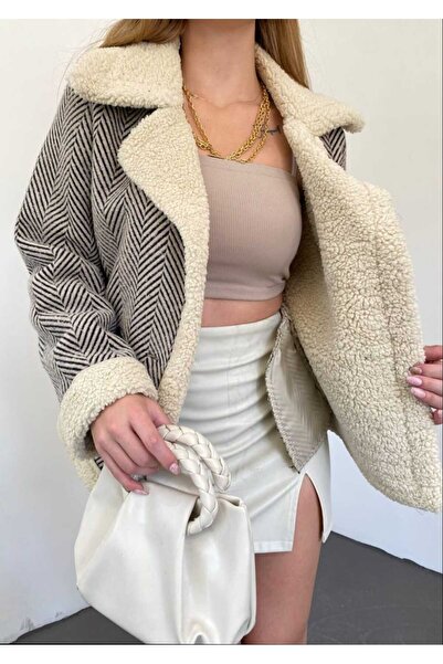 Azra Moda Style Fur Detail Houndstooth Plush Coat Jacket Women