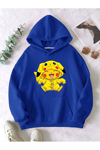 Adrift Unisex Erkek/Kadın Pikachu Renkli Özel Baskılı Oversize Kapüşonlu Swea...