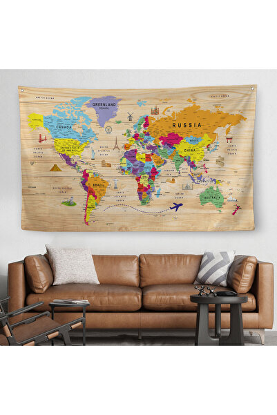 Harita Sepeti Wooden Look Educational Detailed Atlas Decorative World Map Wal...
