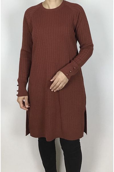 ECE GİYİM Hair Knitted Patterned Sleeves Button Detail Thin Tricot Tunic