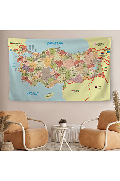 Harita Sepeti Eğitici Ve Öğretici Detaylı Dekoratif Komşulu Türkiye Haritası Duvar Örtüsü-halısı 3846