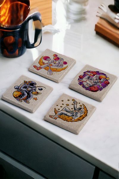 Gri Grafik Design Workshop Astronaut Theme Uv Printed Stone Coasters Set of 4 Mod-1