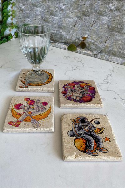 Gri Grafik Design Workshop Astronaut Theme Uv Printed Stone Coasters Set of 4 Mod-1