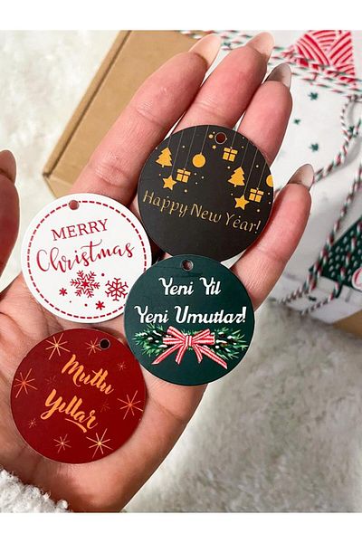 Hayal.kirtasiyesi New Year Series - 20 Pieces of Product Labels with Perforated Embossed Detail, 4 Cm, 4 Models Mixed Package