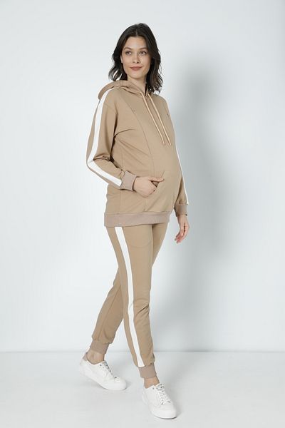 Miss Dünya Lissa Milk Coffee Striped Maternity and Maternity Hooded Sweatshirt Tracksuit Set