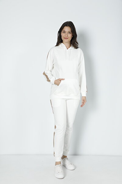 Miss Dünya Lissa Ekru Şeritli Hamile ve Lohusa Kapüşonlu Sweatshirt Eşofman Takımı