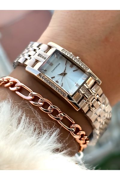 Reward Chaperone Brand Rose Color Steel Strap, Stylish Stone Model Rectangular Case Wristwatch + Bracelet