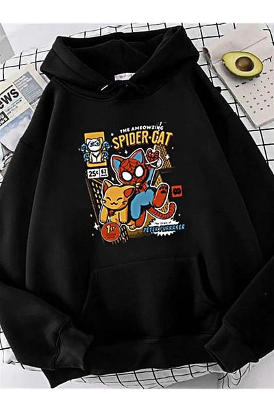 Planet Butik سويت شيرت بقلنسوة من القماش السميك باللون الأسود للجنسين مطبوع عليه Spider-Cat