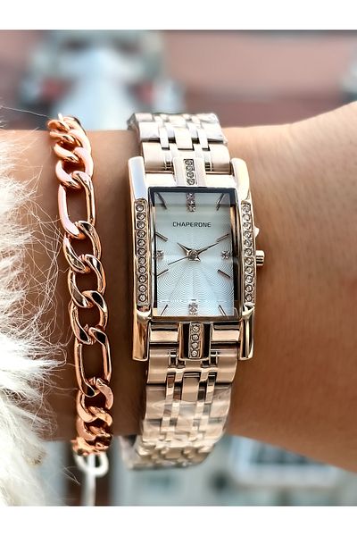 Reward Chaperone Brand Rose Color Steel Strap, Stylish Stone Model Rectangular Case Wristwatch + Bracelet