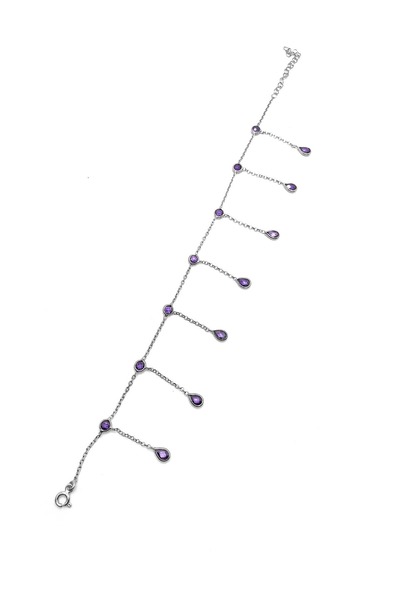 SUNSHINE 925 Ayar Rodyum Kaplamalı Damla Kesim Mor Taşlı Gümüş Halhal