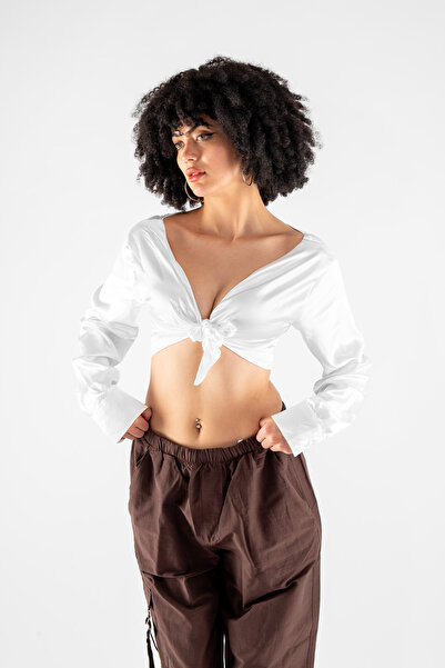 Bak Moda Bağlamalı Basic Beyaz Saten Bluz