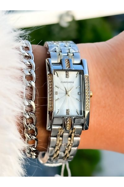 Reward Chaperone Brand Yellow Color Steel Strap, Stylish Stone Model Rectangular Case Wristwatch + Bracelet