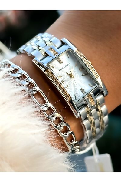 Reward Chaperone Brand Yellow Color Steel Strap, Stylish Stone Model Rectangular Case Wristwatch + Bracelet