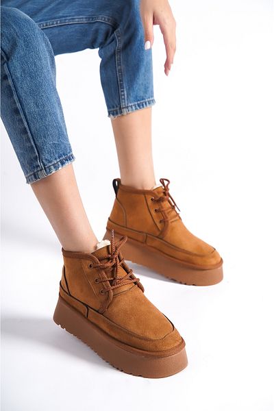 Lolita Love Shoes Γυναικείες μπότες Hugu με κορδόνια με χοντρή σόλα με γούνα εσωτερικά