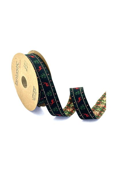 FANTASTIC KURDELE CHRISTMAS, DEER / PINE TREE PATTERNED SILVERY & FRINGED WOVEN RIBBON (25mm WIDTH - 10mt LENGTH)