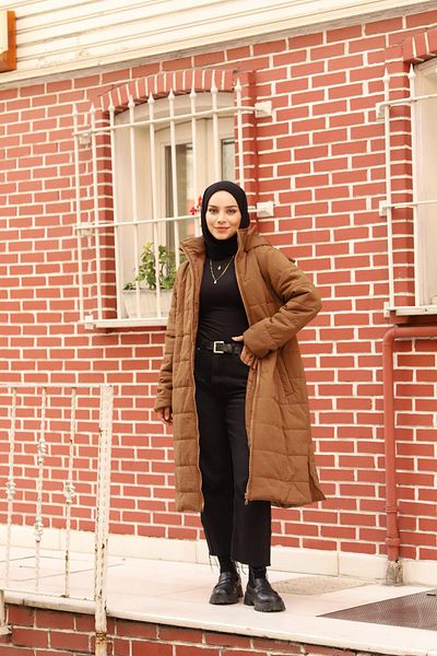 lurex moda Дълго палто с качулка и страничен цип