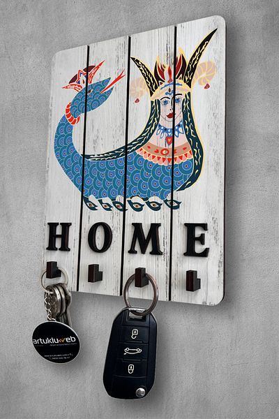 beedene Şahmeran Home White Decorative Wooden Key Hanger - Keychain Şahmaran Table Key Holder