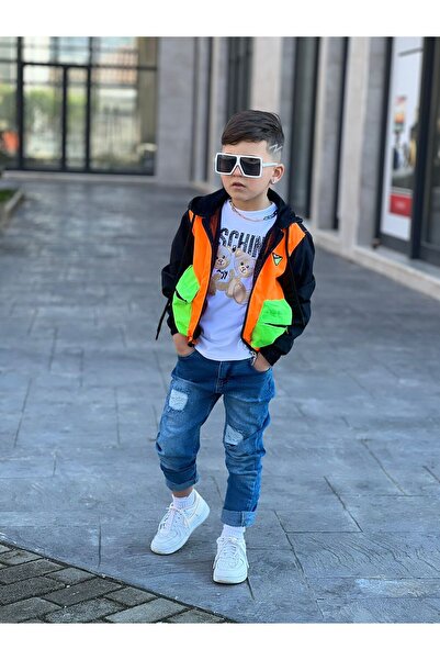 Poyraz Fashion Kids Erkek Çocuk Kot Pantalon Yağmurluk ve Kısa kollu Takım Kombin Bayramlık