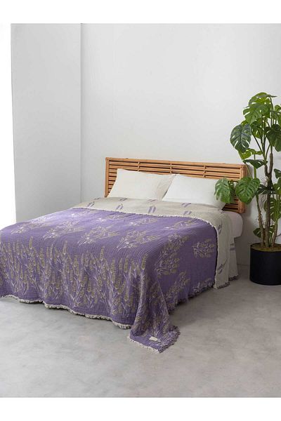 MYLASA HOME Κάλυμμα κρεβατιού από μουσελίνα από 100% οργανικό βαμβάκι με διπλό σχέδιο λεβάντας