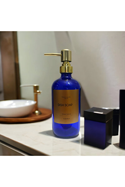 Binbirdemet Dozator de săpun lichid pentru vase din sticlă albastră, auriu