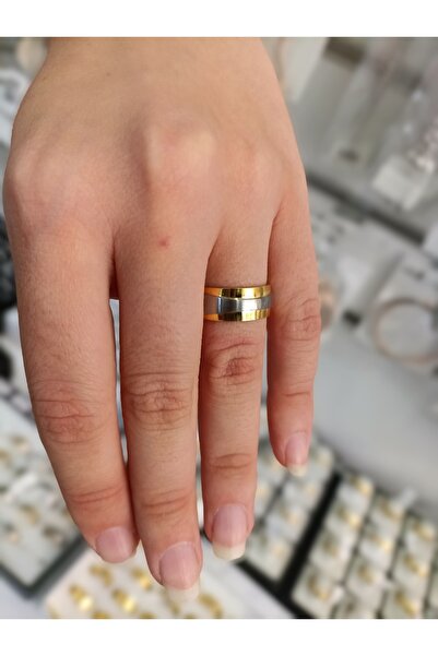 NİŞANTAŞI ACCESSORİES خاتم زفاف من الفولاذ المقاوم للصدأ مطلي بالذهب بحواف فضية متوسطة 6 مم