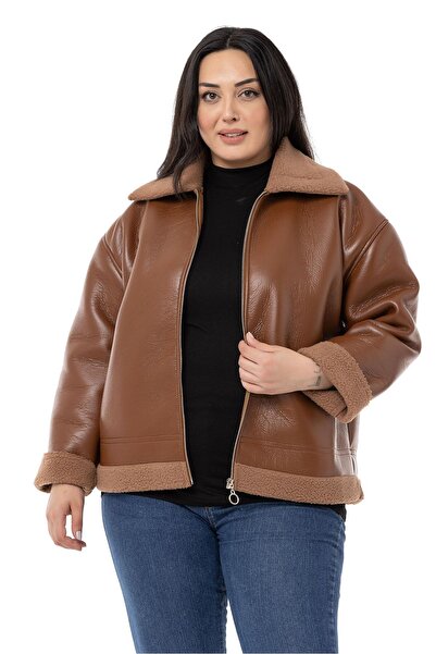 DISENTIS MODEST Plus Size Fur Collar and Skirt Fleto Pocket Zippered Brown Leather Coat