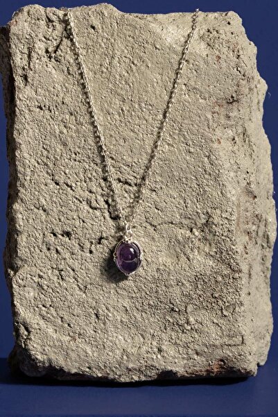 Takıdepo Doğal Ametist Taşlı Minimal Gümüş Kadın Kolye-Gümüş Rengi