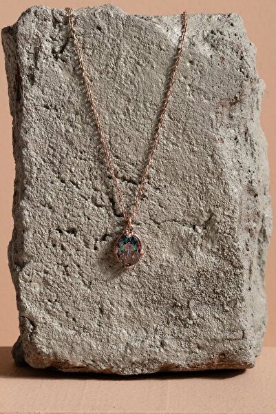 Takıdepo Mistik Topaz Taşlı Minimal Gümüş Kadın Kolye-Rose Rengi