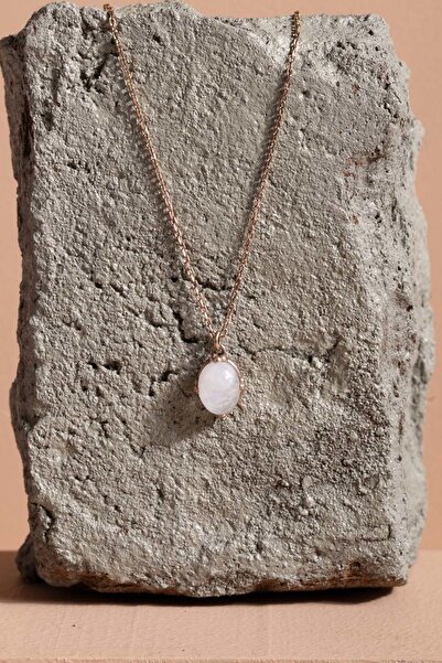 Takıdepo Doğal Ay Taşı Taşlı Minimal Gümüş Kadın Kolye-Rose Rengi