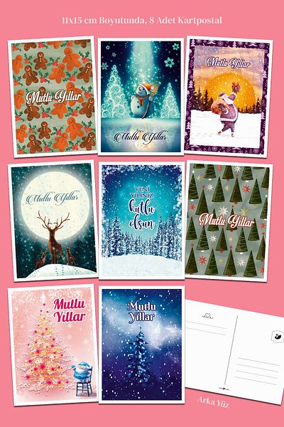 Özer Store 8 Pieces New Year New Year Santa Claus Winter Themed Postcard Set Message Card