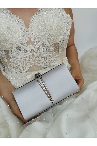 NAZART Rochie de seara de dama din satin argintiu clutch portofoliu mana nunta logodna geanta de seara