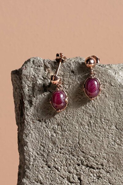 Takıdepo Doğal Yakut Taşlı Minimal Gümüş Kadın Küpe-Rose Rengi