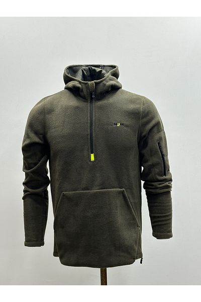NJM SPORT WEAR Men's Fleece Khaki Half Zipper Pocket Hooded Outdoor Slim Fit Winter Sweat