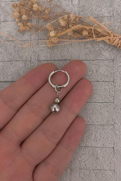 Jaida Moda Unisex Silver Dangle Ball Detailed Steel Hoop Earrings