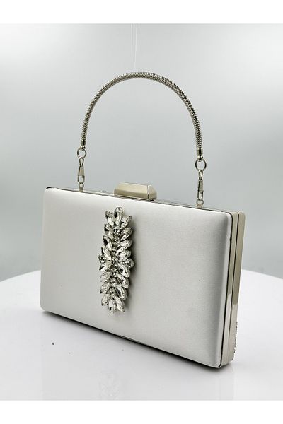 Biçanta Mother of Pearl Εκρού Χρώμα Σατέν Ασημένια Θήκη με Ασημένια Πέτρα Βραδινό Φόρεμα Τσάντα Βραδινή Τσάντα Αρραβωνιαστικό Γάμου