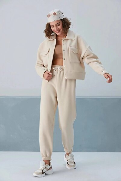LoFiBuy Kadın Krem Cepli Paçası Lastikli 3 İplik Eşofman Takımı