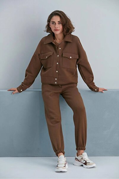 LoFiBuy Kadın Kahverengi Cepli Paçası Lastikli 3 İplik Eşofman Takımı