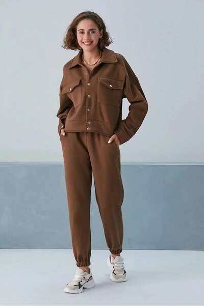 LoFiBuy Kadın Kahverengi Cepli Paçası Lastikli 3 İplik Eşofman Takımı