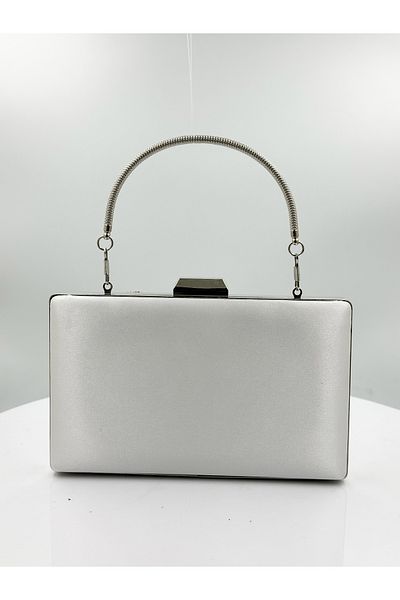 Biçanta Mother of Pearl Εκρού Χρώμα Σατέν Ασημένια Θήκη με Ασημένια Πέτρα Βραδινό Φόρεμα Τσάντα Βραδινή Τσάντα Αρραβωνιαστικό Γάμου