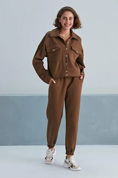 LoFiBuy Kadın Kahverengi Cepli Paçası Lastikli 3 İplik Eşofman Takımı